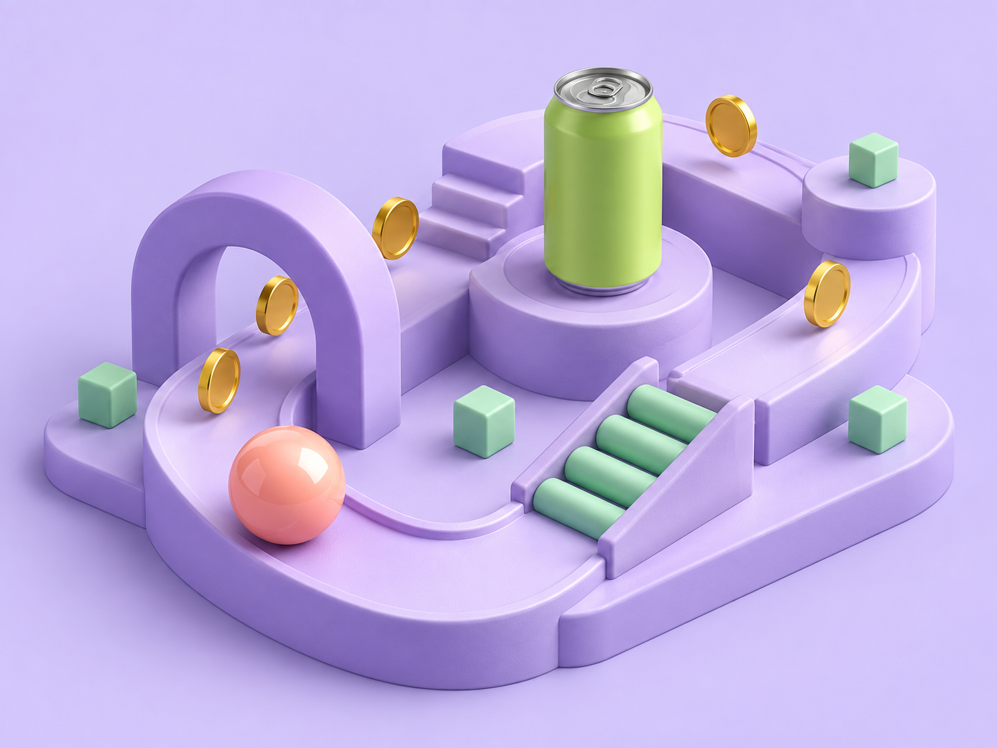 A lime beverage can inside a playful lilac arcade world, surrounded by gold coins, mint blocks and a peach ball